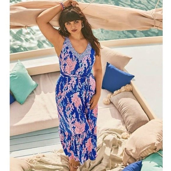 Lilly Pulitzer Madsen Midi Dress in Borealis Blue/Swim on Over- Size XL - Picture 7 of 10